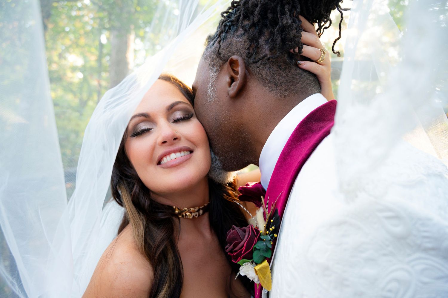 A romantic wedding photo collage showing intimate moments between newlyweds against a bright outdoor background.