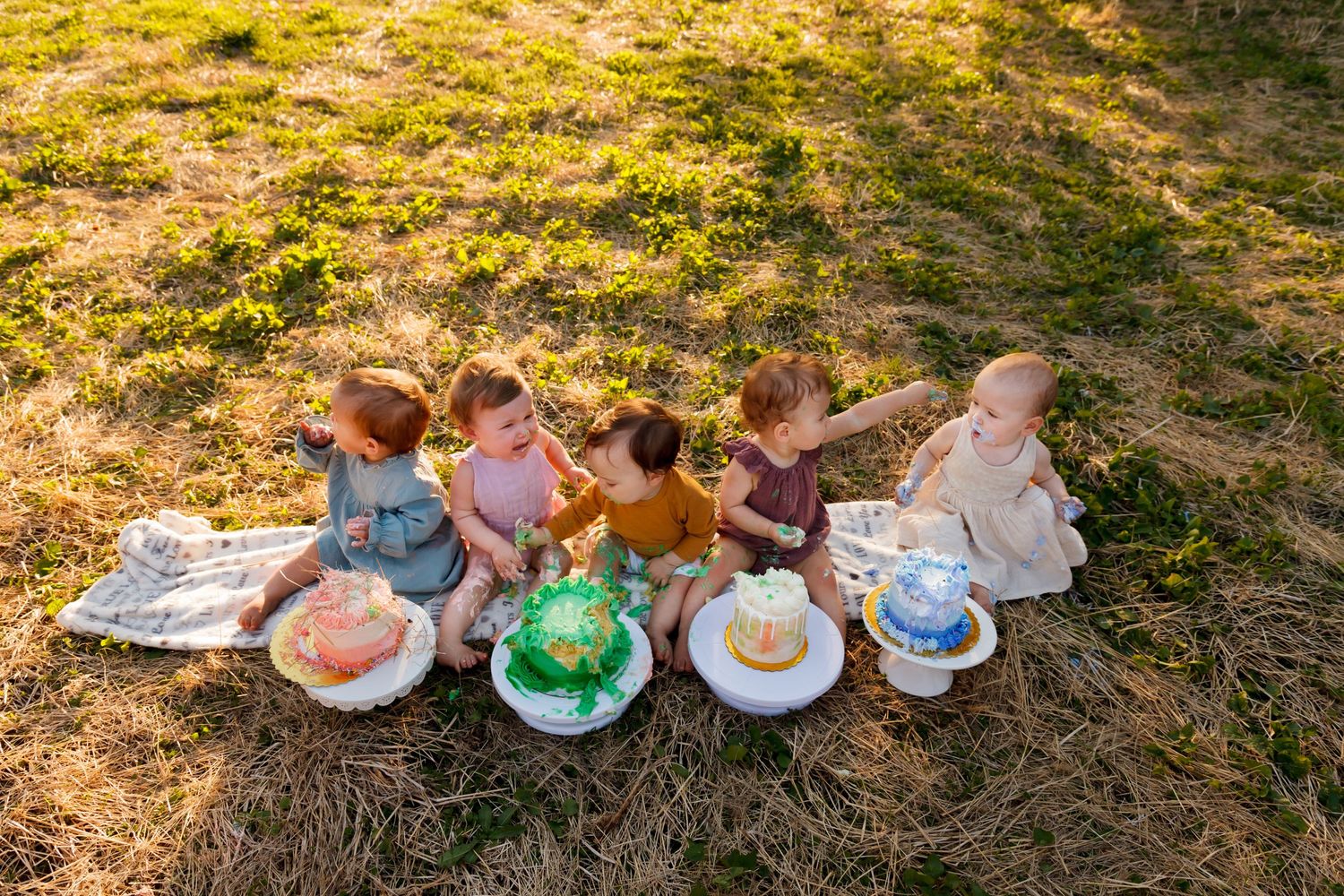 Tea party setup with colorful plates and treats on grass in golden afternoon light.
