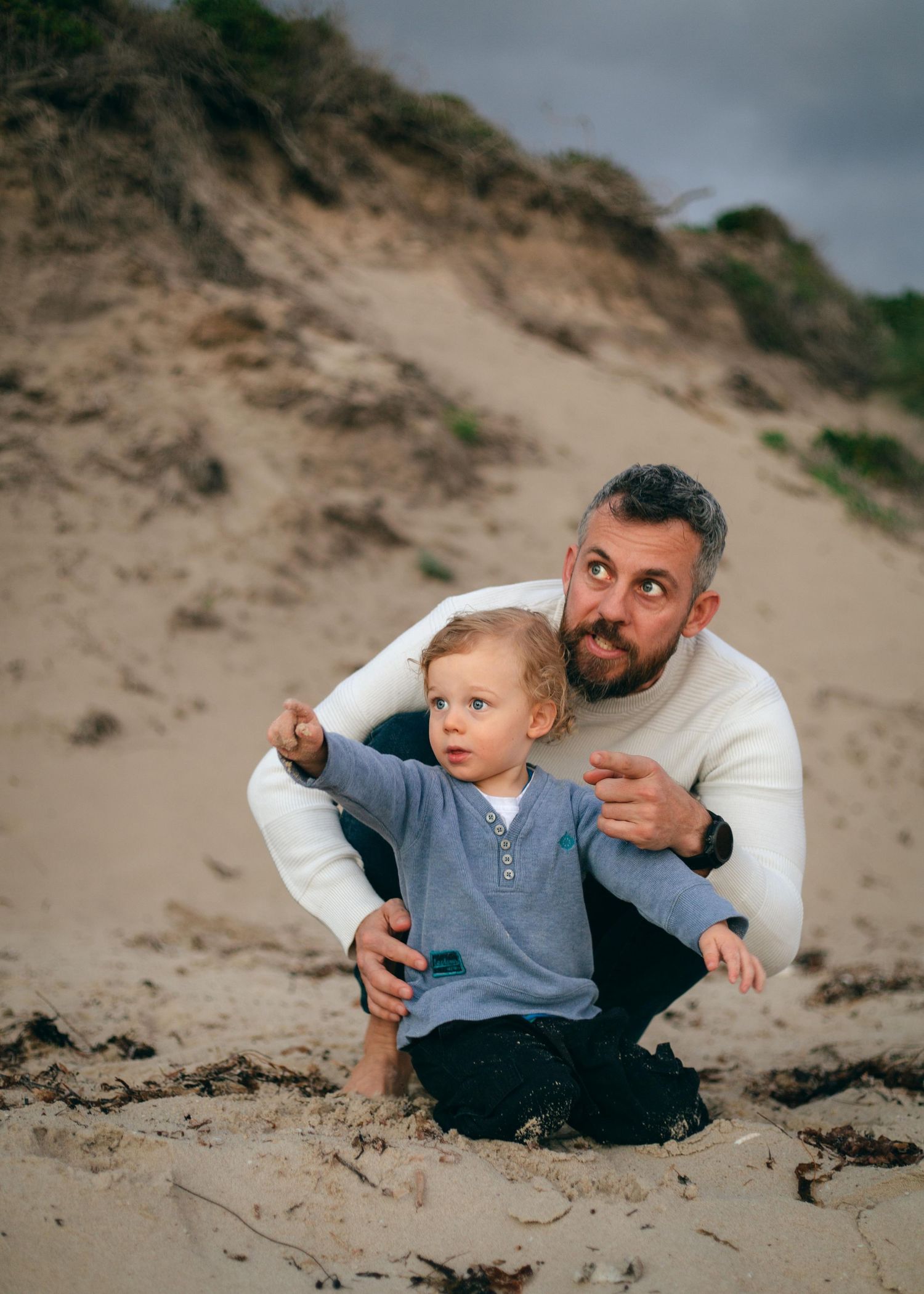 A toddler and his Dad at Quins Beach, WA