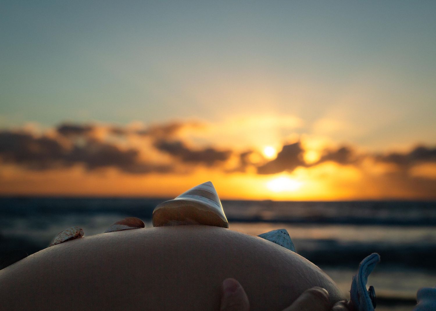 A pregnant belly balancing shells. in the sunset at Trigg Beach WA