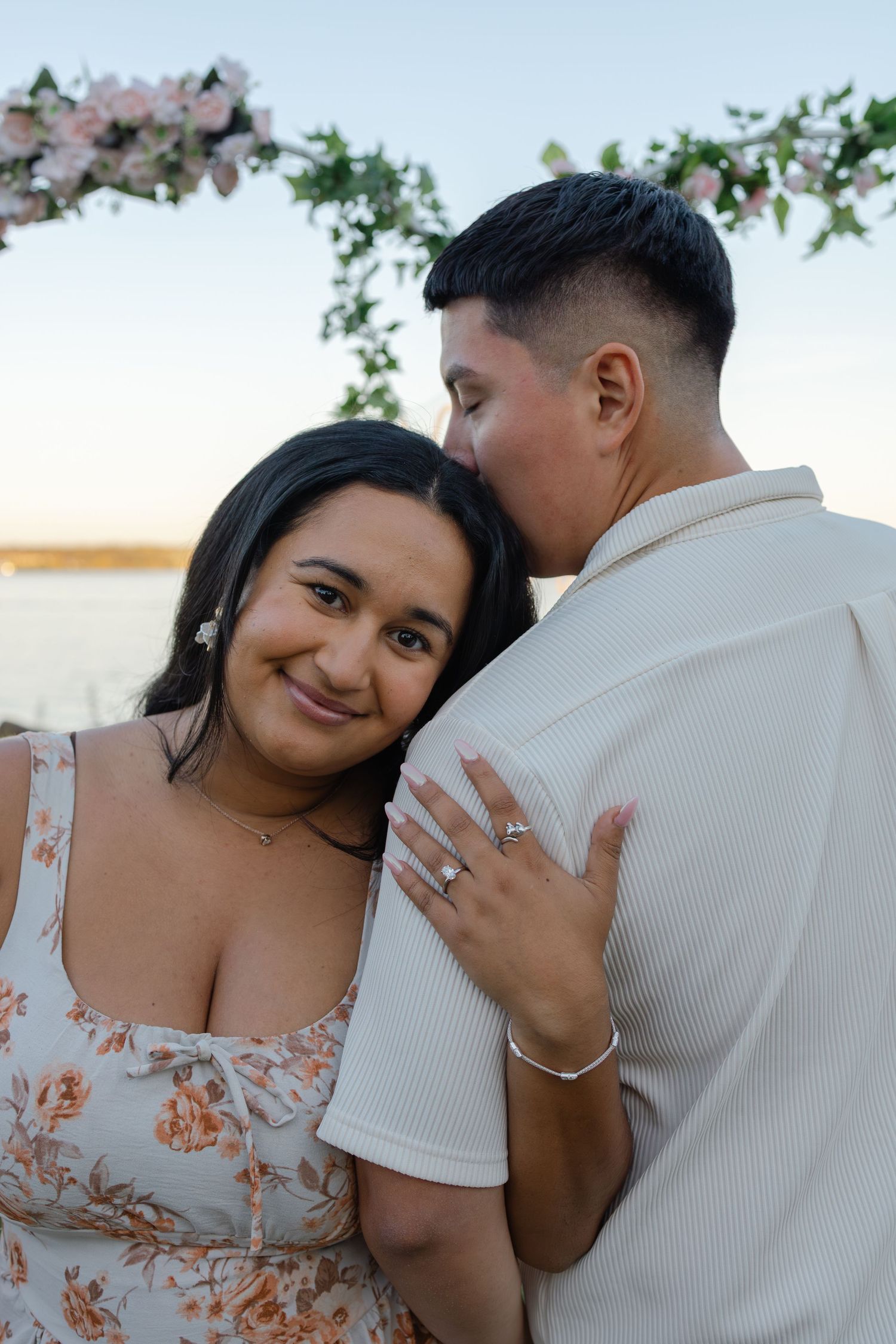 A couple shares tender moments in three romantic engagement photos against a natural outdoor backdrop.