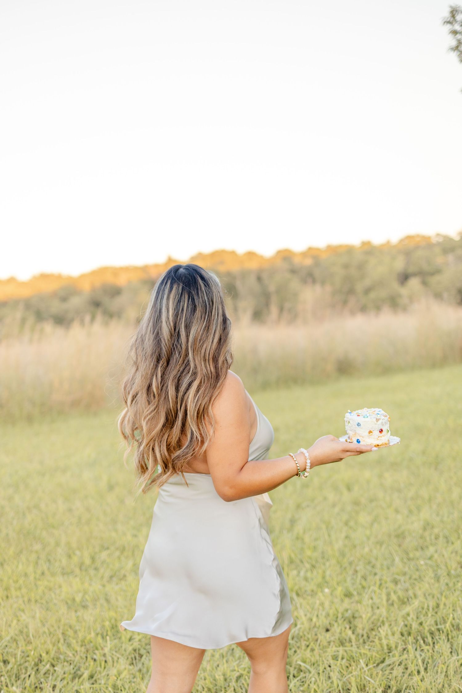 Woman in gray dress holding a colorful sprinkle cake in a sunny green field at golden hour.