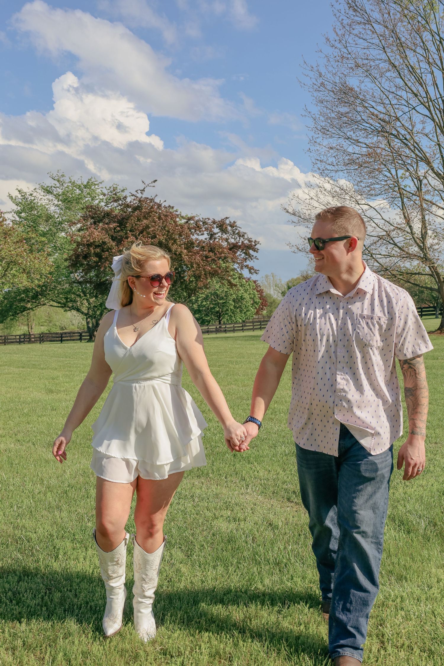 Playful photo sequence captured in a sunny green field showing casual interaction and movement.