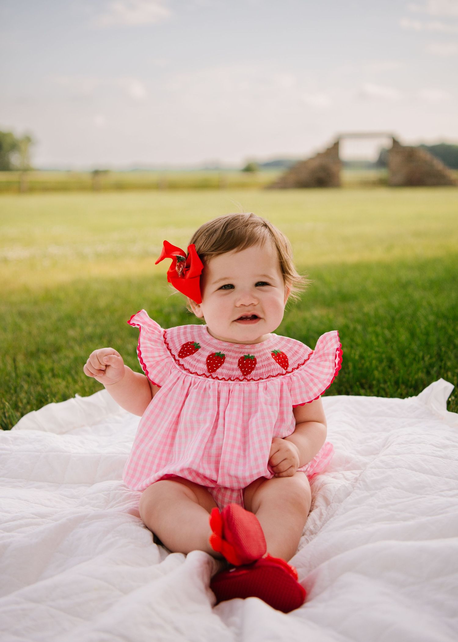 Small toddler in pink gingham dress with watermelon details sits on white blanket outdoors on grass in summer.