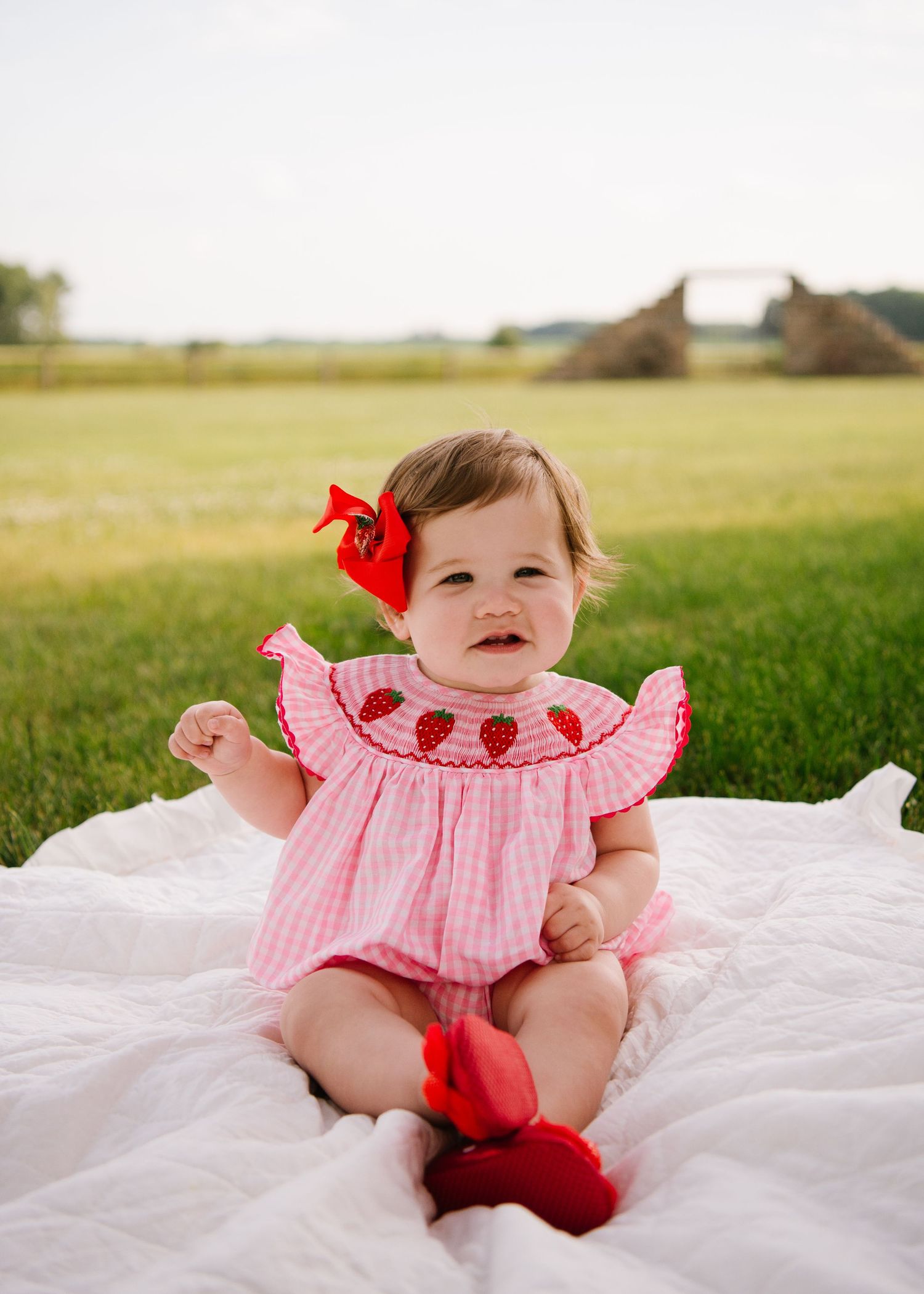 Baby in pink gingham dress with watermelon design sits on white blanket outdoors in grassy field.