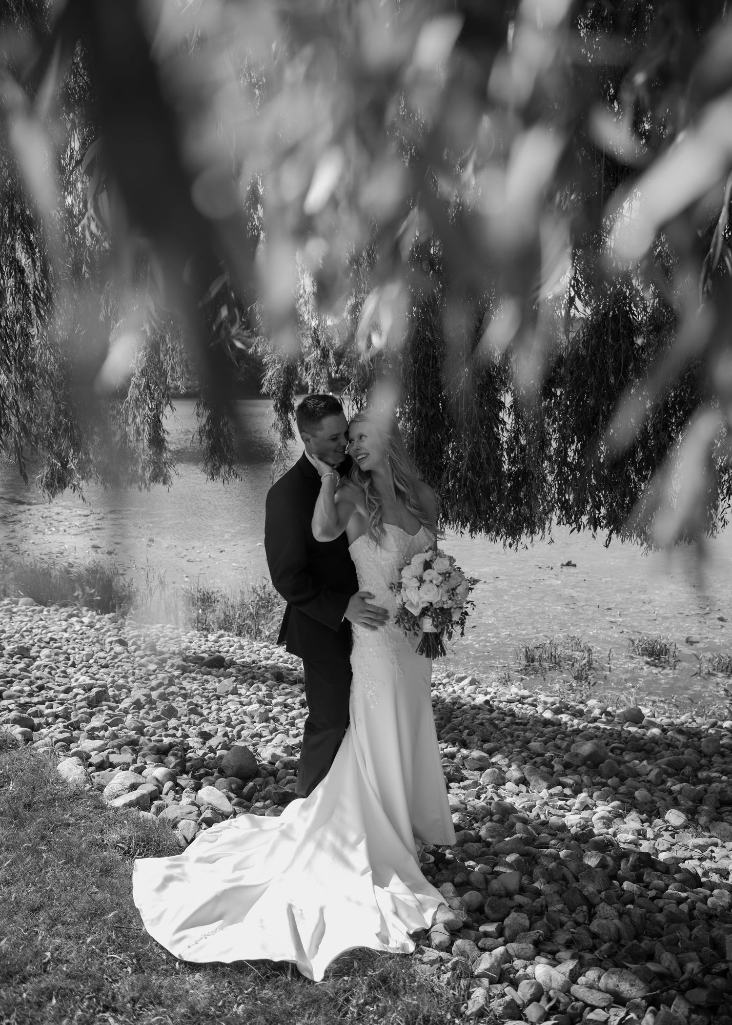 Black and white photo of a bride and groom embracing under a weeping willow tree on a rocky ground.