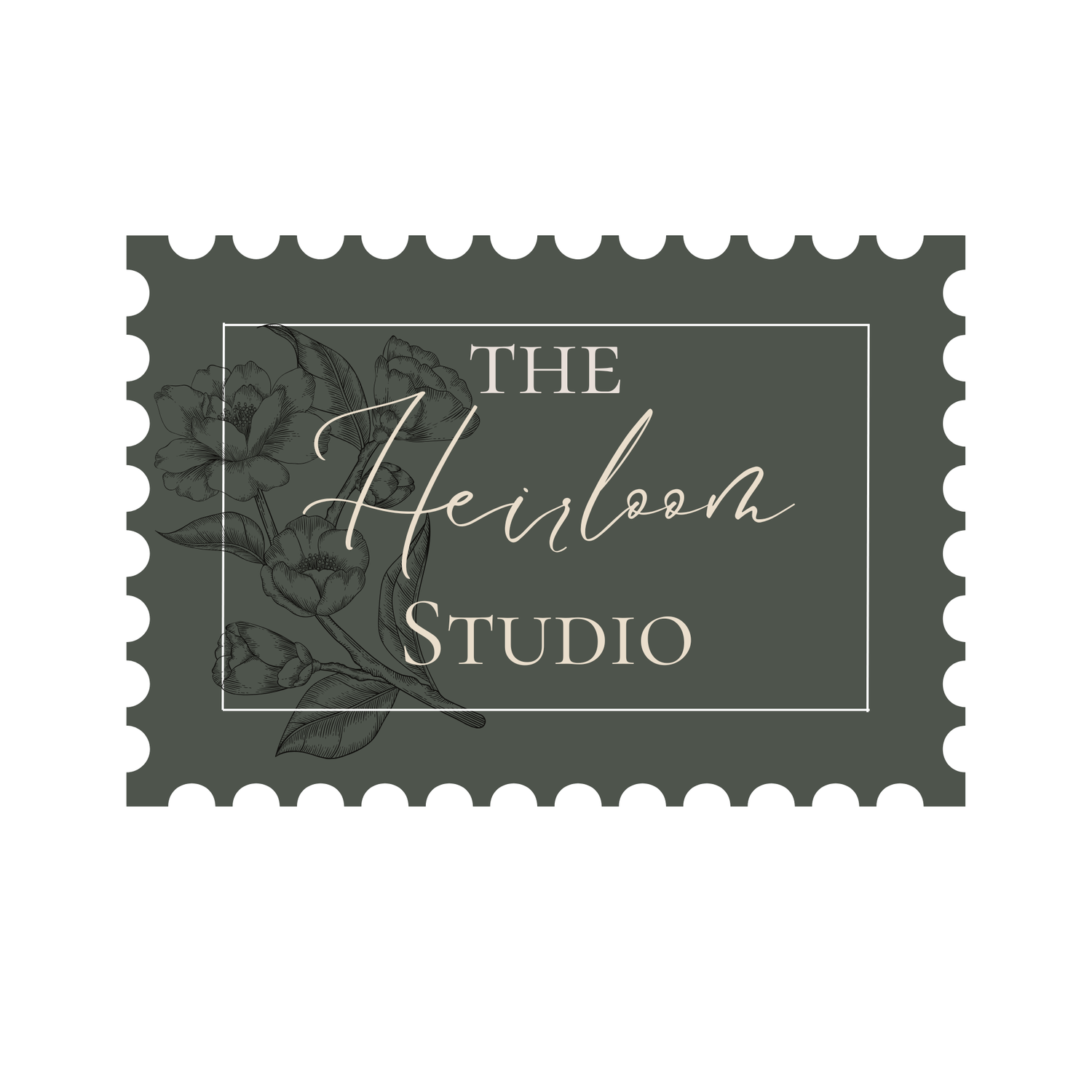 Dark green postage stamp logo for The Heirloom Studio featuring elegant script typography and floral rose illustration.