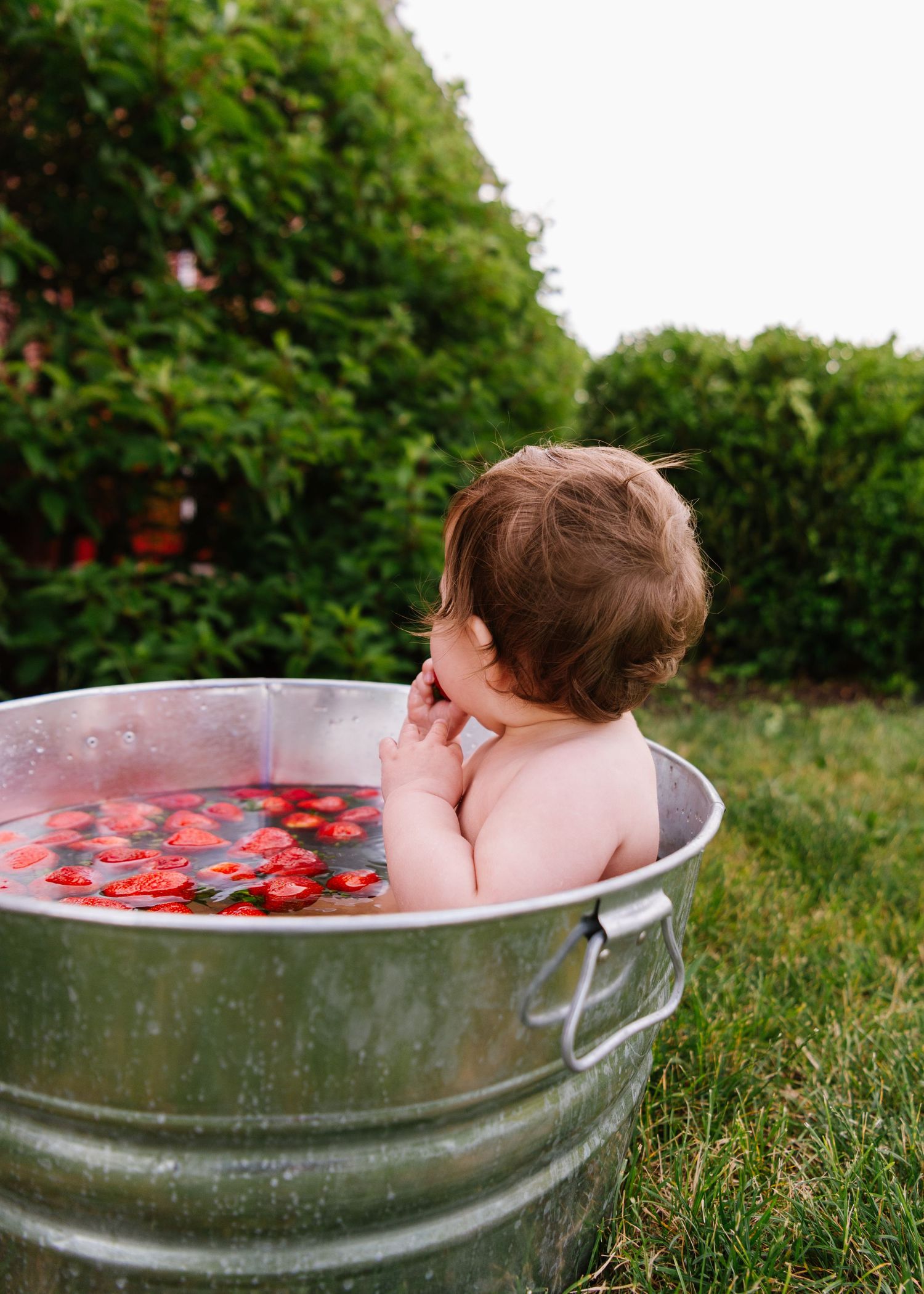 A small child takes a bath in a metal galvanized tub outdoors with floating red rose petals in the water.