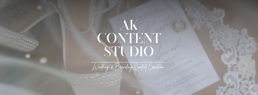 Elegant AK Content Studio banner featuring wedding stationery and lace details for a wedding and branding content creator.
