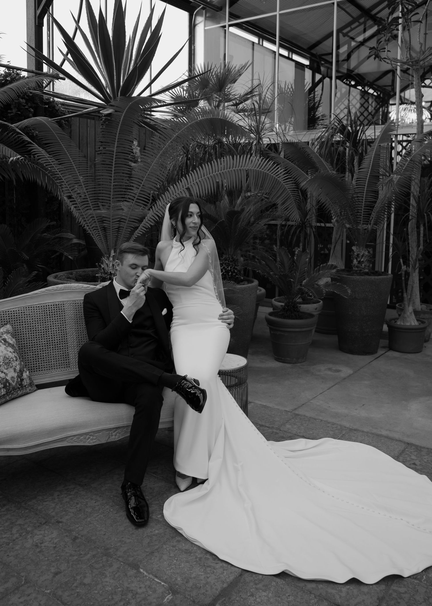 Elegant black and white wedding portrait of bride and groom seated in lush greenhouse with tropical palms and potted plants.