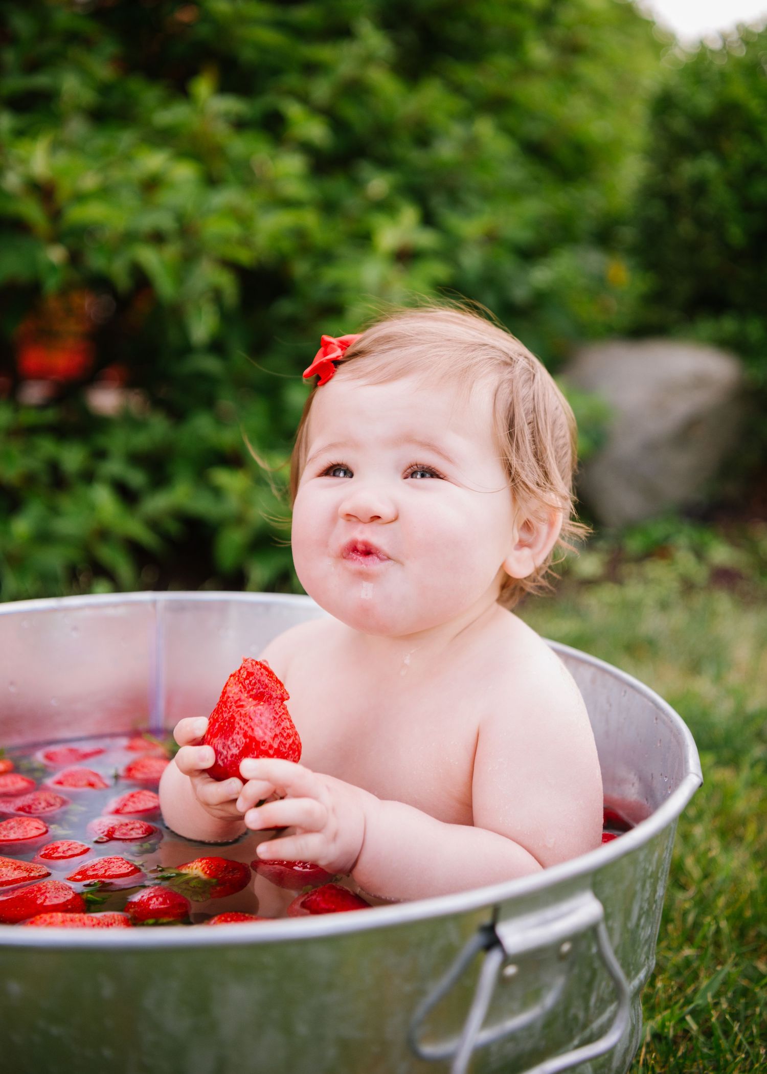 A baby sits in a metal tub filled with water and strawberries during a whimsical outdoor photo shoot in a garden setting.