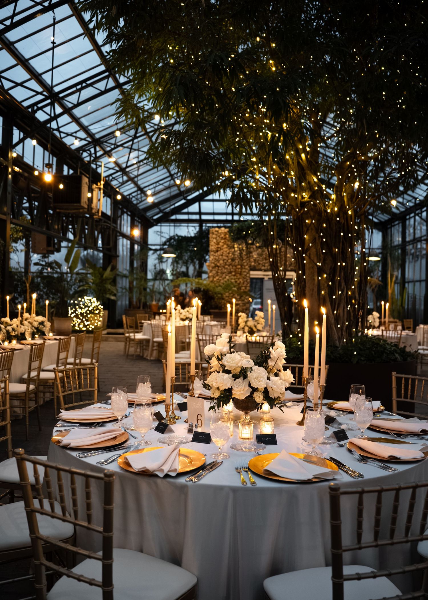 Elegant greenhouse wedding reception with candlelit tables, white floral centerpieces, gold chargers, and fairy lights in trees.