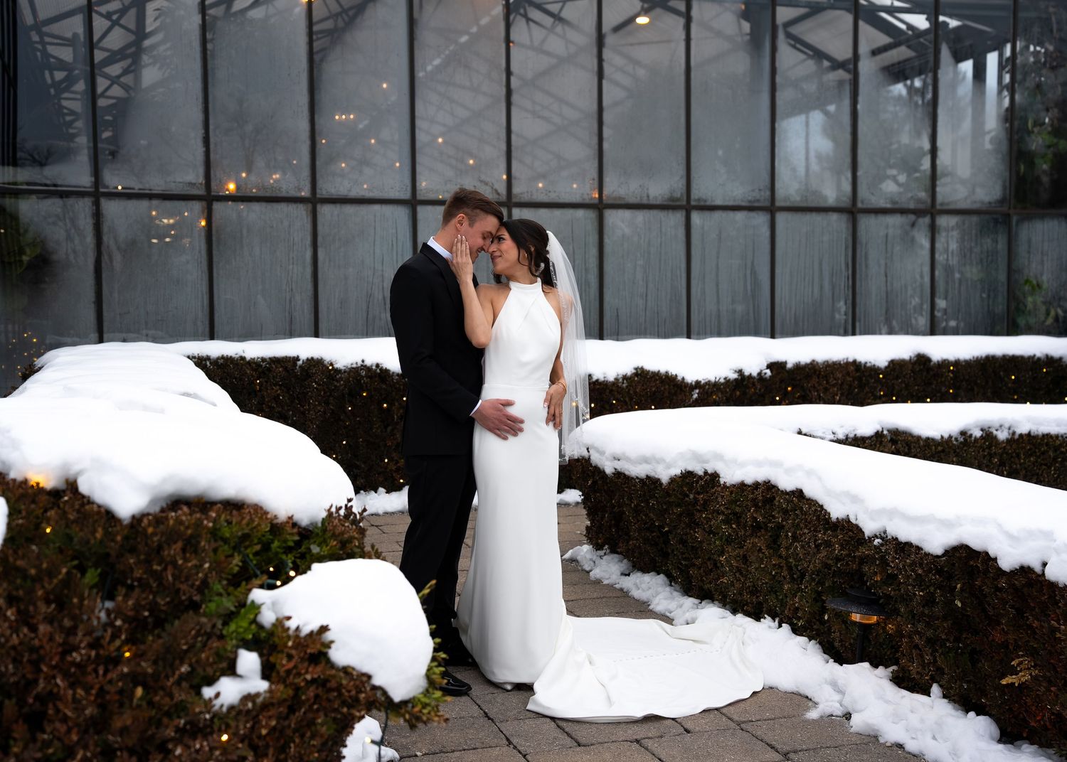 Bride and groom share a romantic kiss in a snowy winter garden with frosted hedges and a greenhouse backdrop.