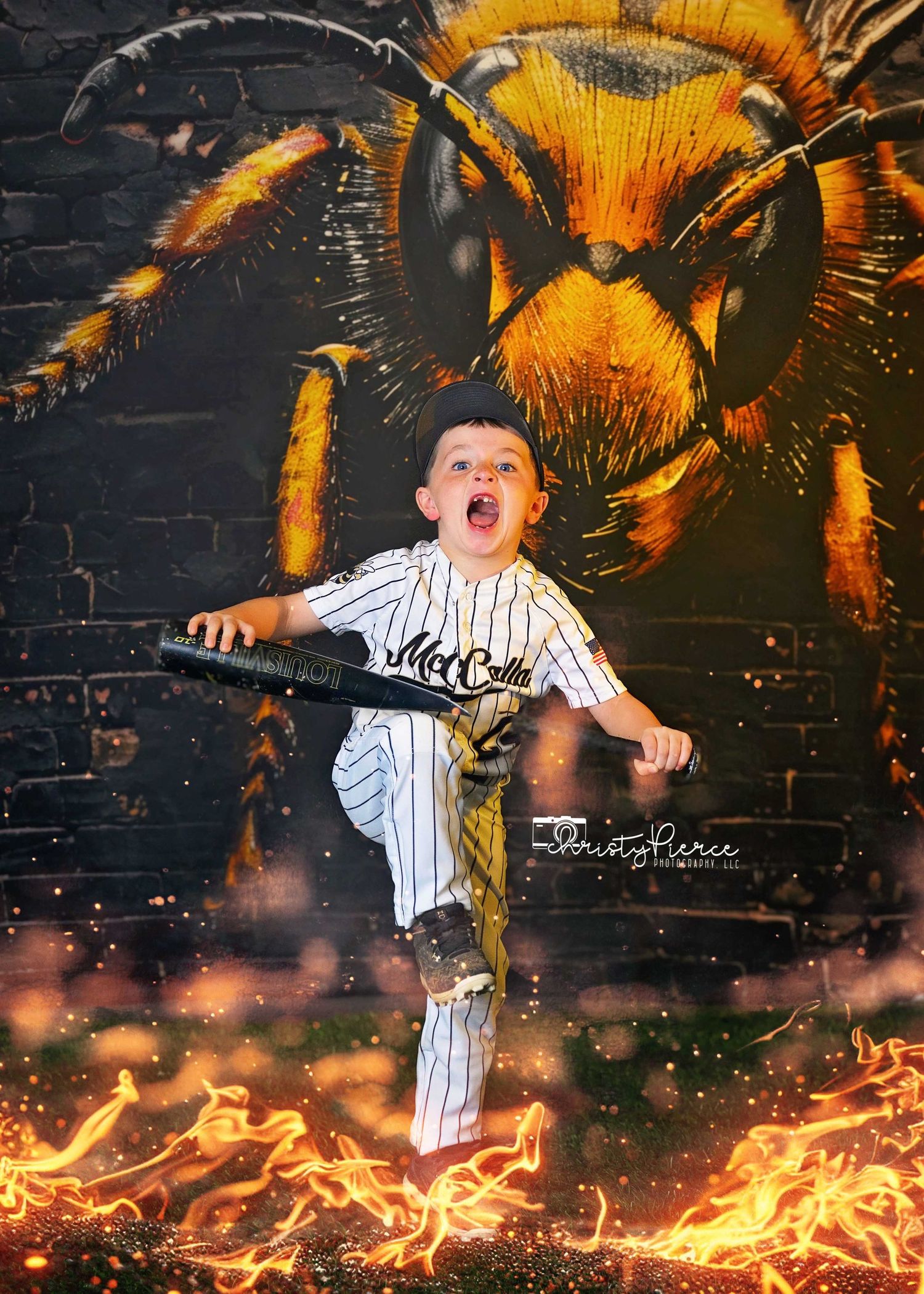 Creative baseball-themed composite art showing a player against a dramatic backdrop with giant wasp and flames.