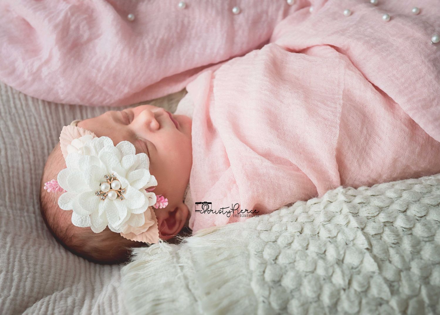 Delicate pink and white textured baby blanket details shown in a series of close-up photographs.