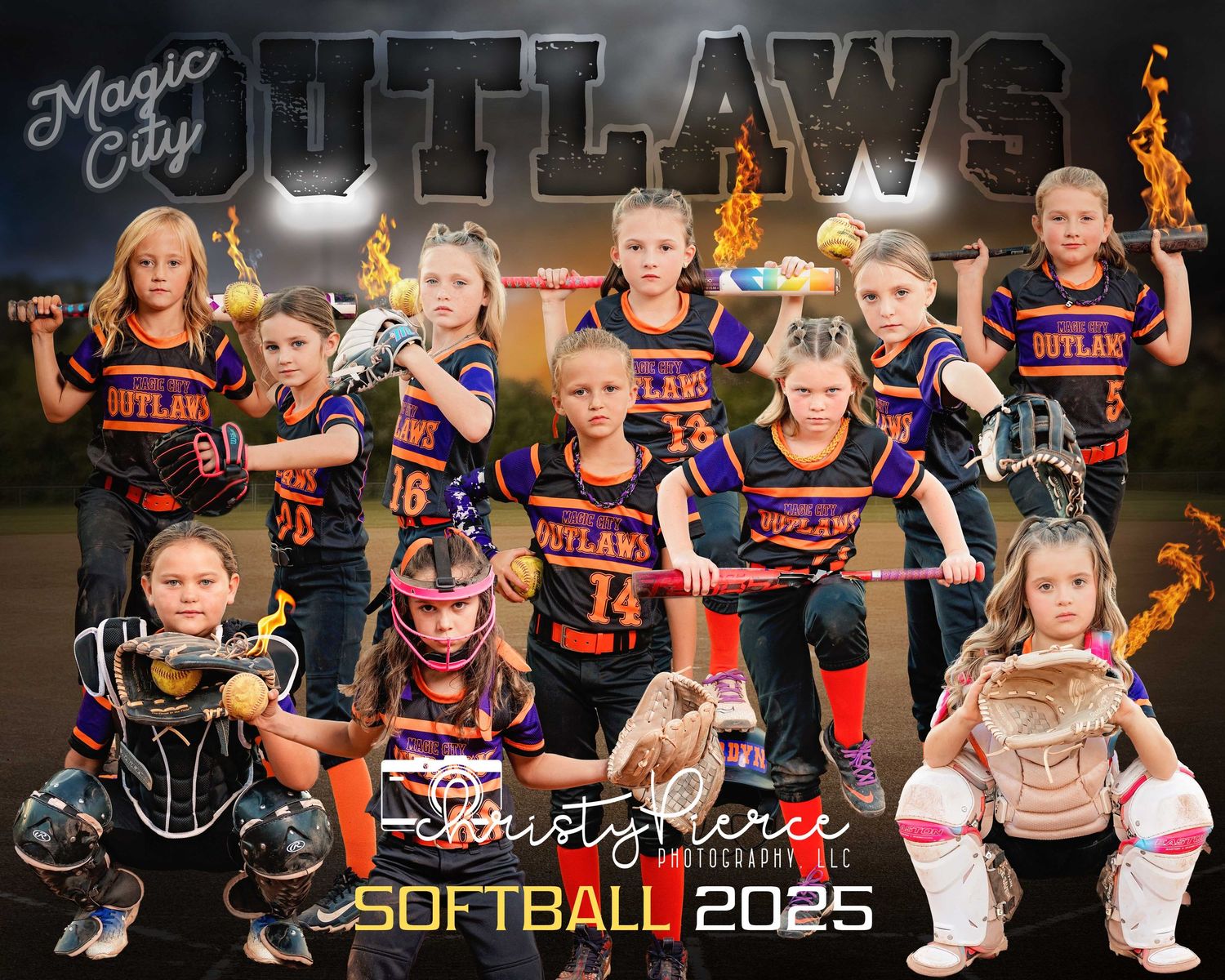 Youth softball team photo of the Magic City Outlaws 2025 team posing with bats and gloves against dark background.