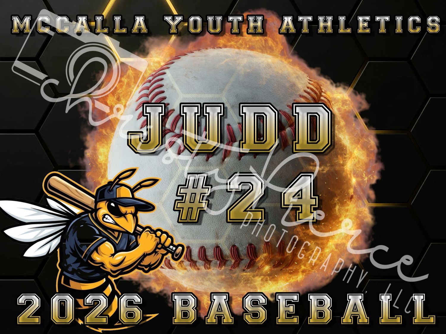 Custom youth baseball graphic with a flaming baseball, hornet mascot, and player number 24 for McCalla Youth Athletics.