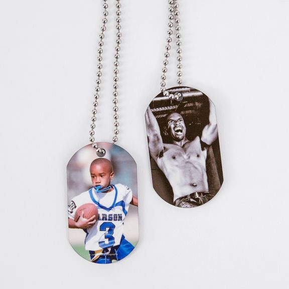Hexagonal photo pendant necklaces with sports-themed images arranged on a white background.