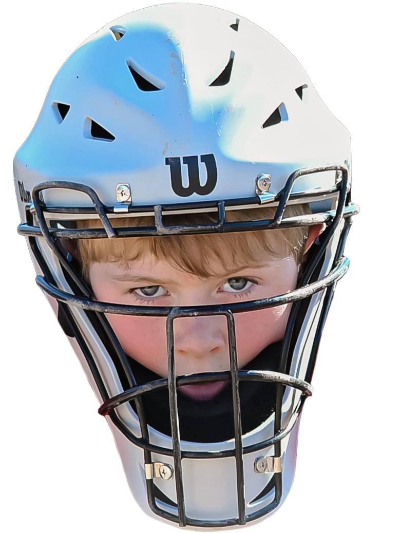A Wilson baseball catcher's mask and helmet combination in light blue and white with black protective bars.