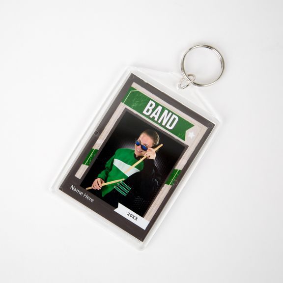 Three identical square promotional keychains with a green band design shown from different angles against a white background.