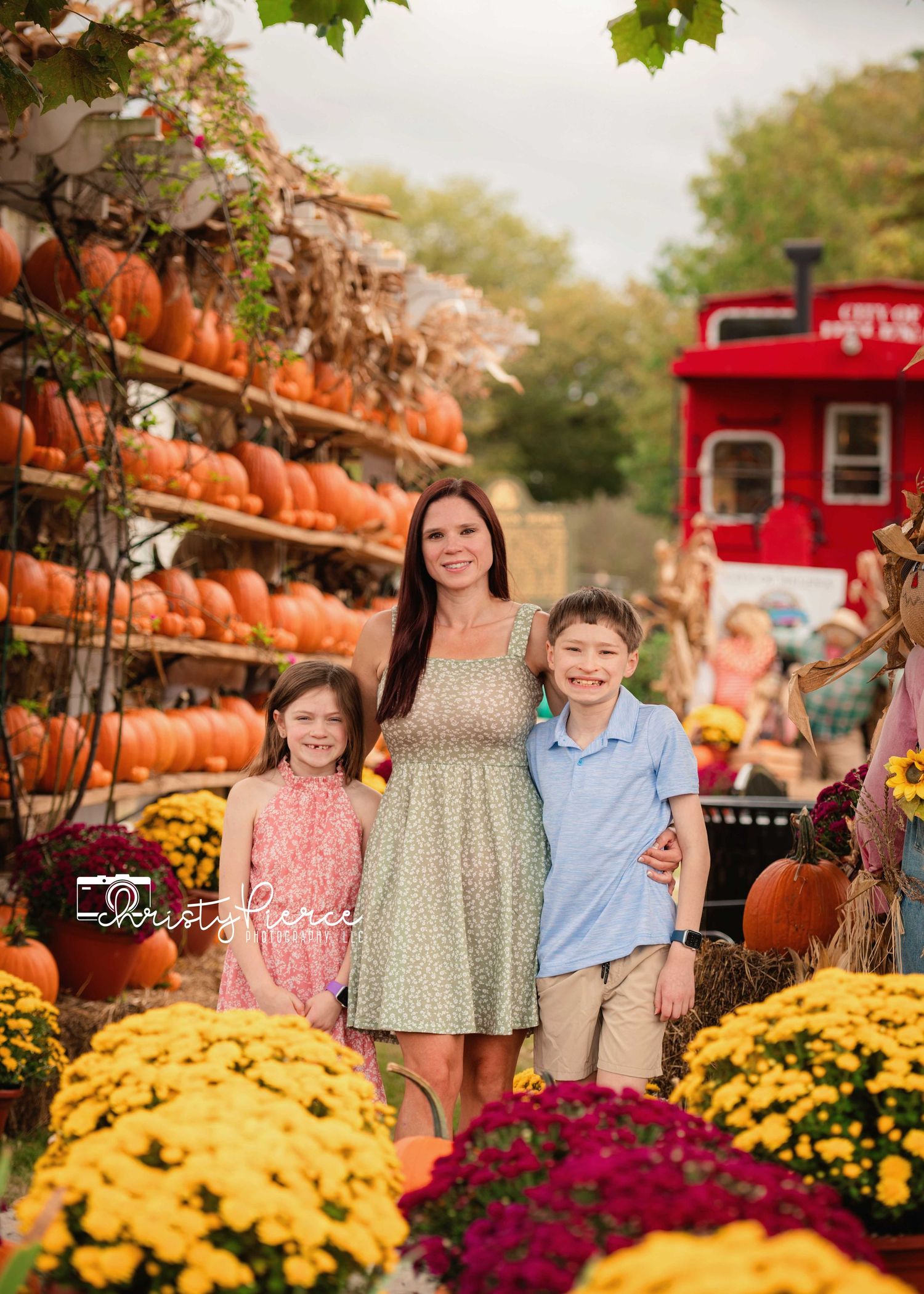 A fall scene at a pumpkin patch with orange pumpkins, yellow mums and a red caboose in the background.