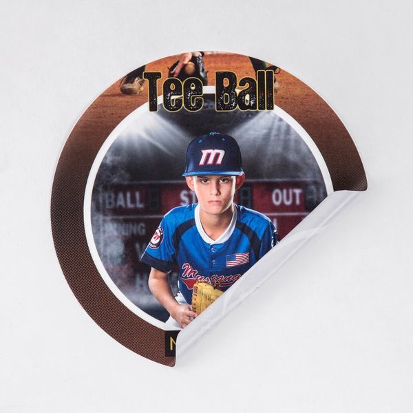 A vintage style baseball trading card with a curved peeling edge design.
