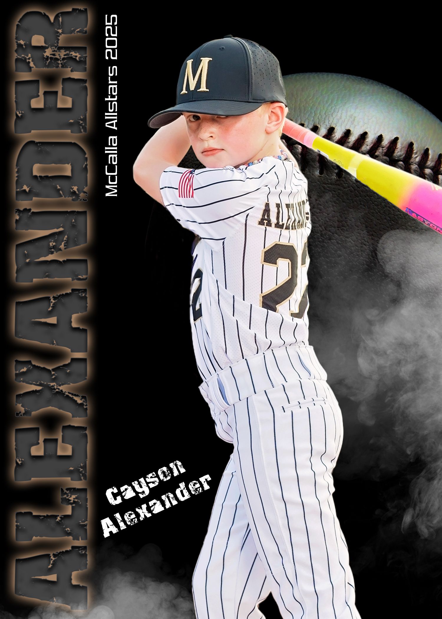 Baseball player in pinstriped uniform shown in four dynamic batting poses against dark background.