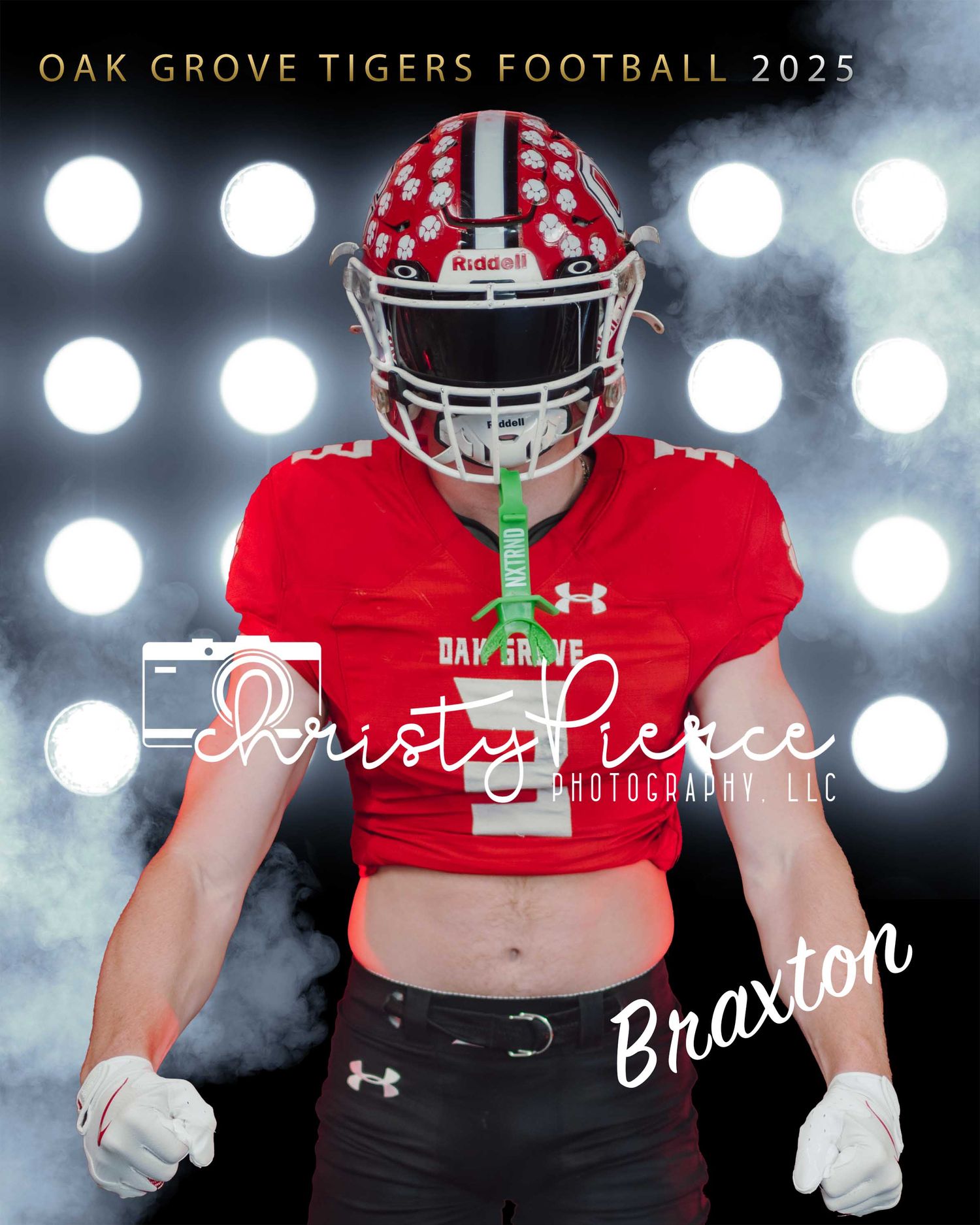 High school football players in red jerseys pose dramatically with stadium lights creating a moody sports atmosphere.
