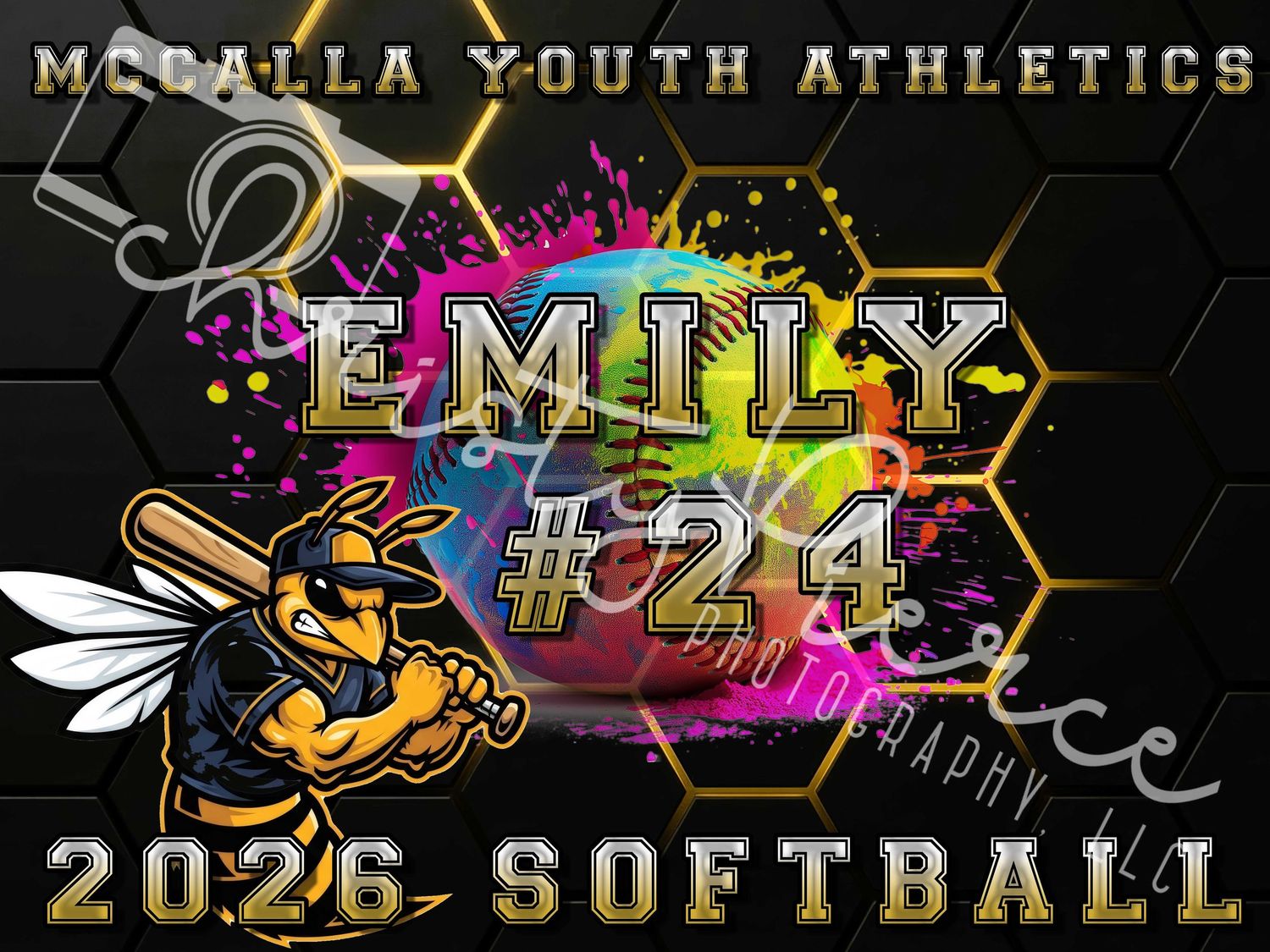 A colorful digital banner design for youth athletics featuring gold text and hexagonal geometric patterns.