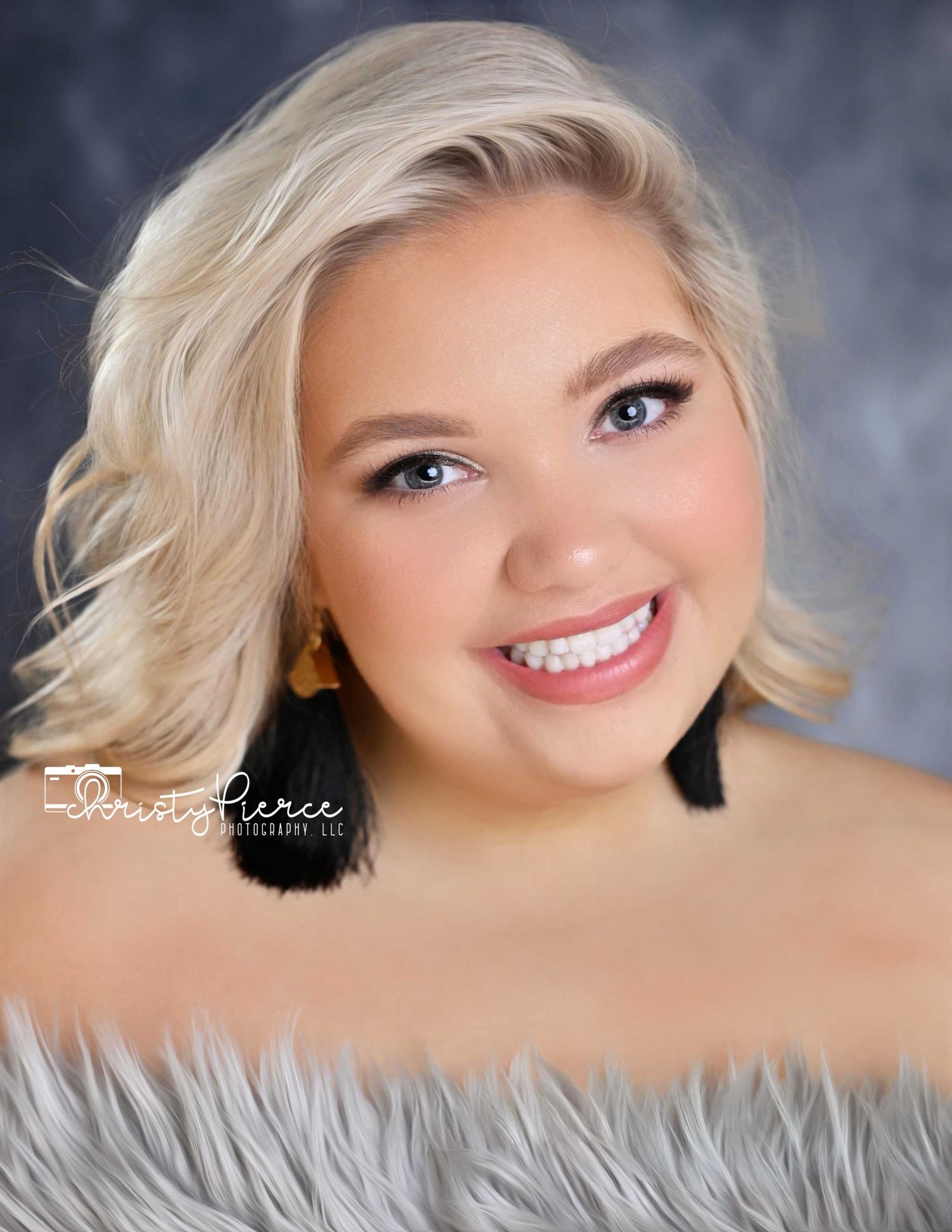 Professional portrait series showing bright smiles and platinum blonde hair against a soft gray studio backdrop.