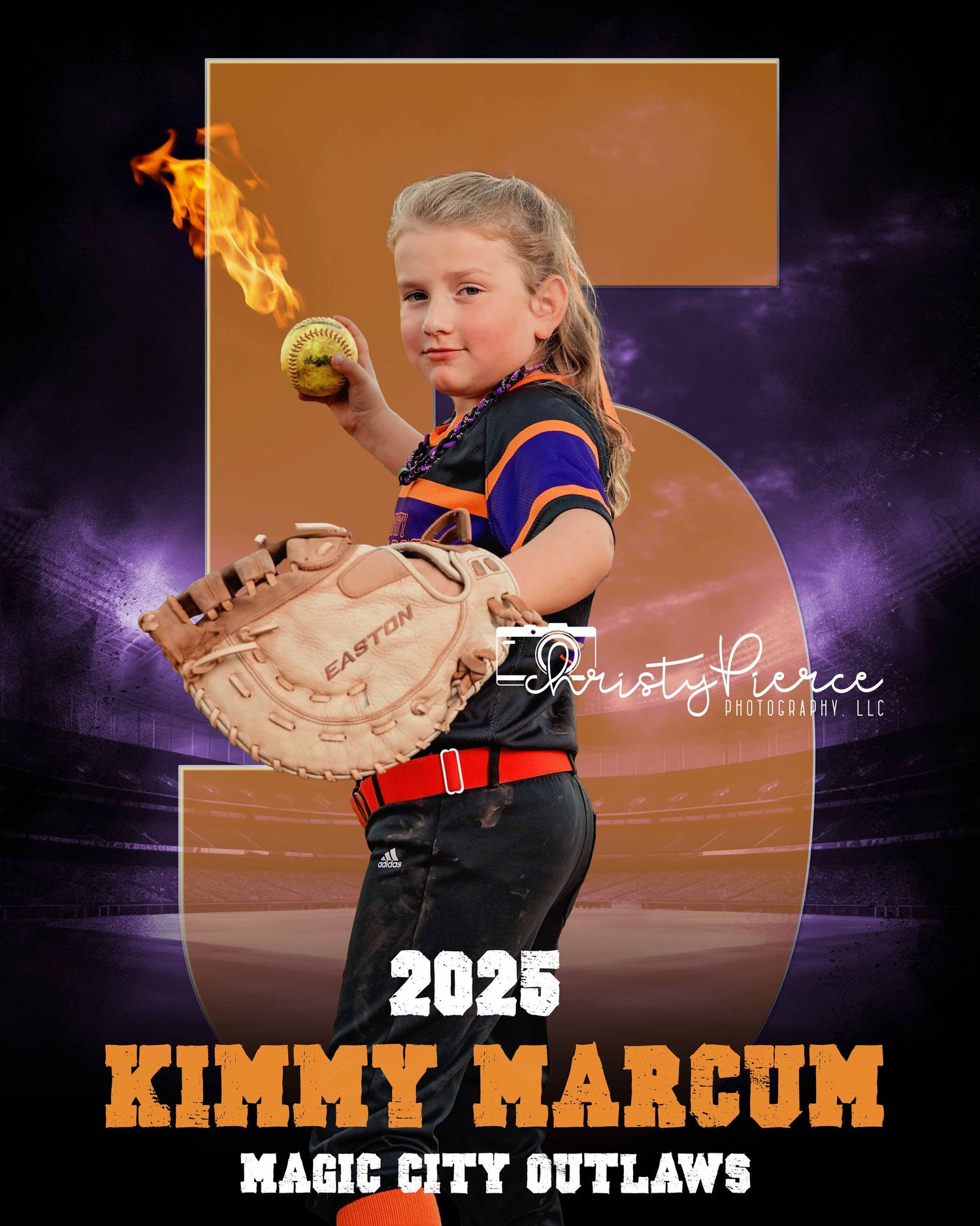 Youth softball player in blue uniform holds glove while posing for sports portrait with flame effects.