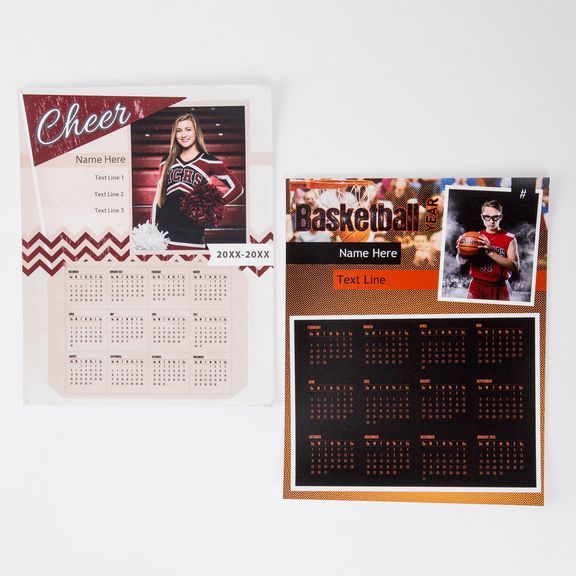 Collection of calendar designs featuring sports themes and decorative elements arranged in a horizontal layout.