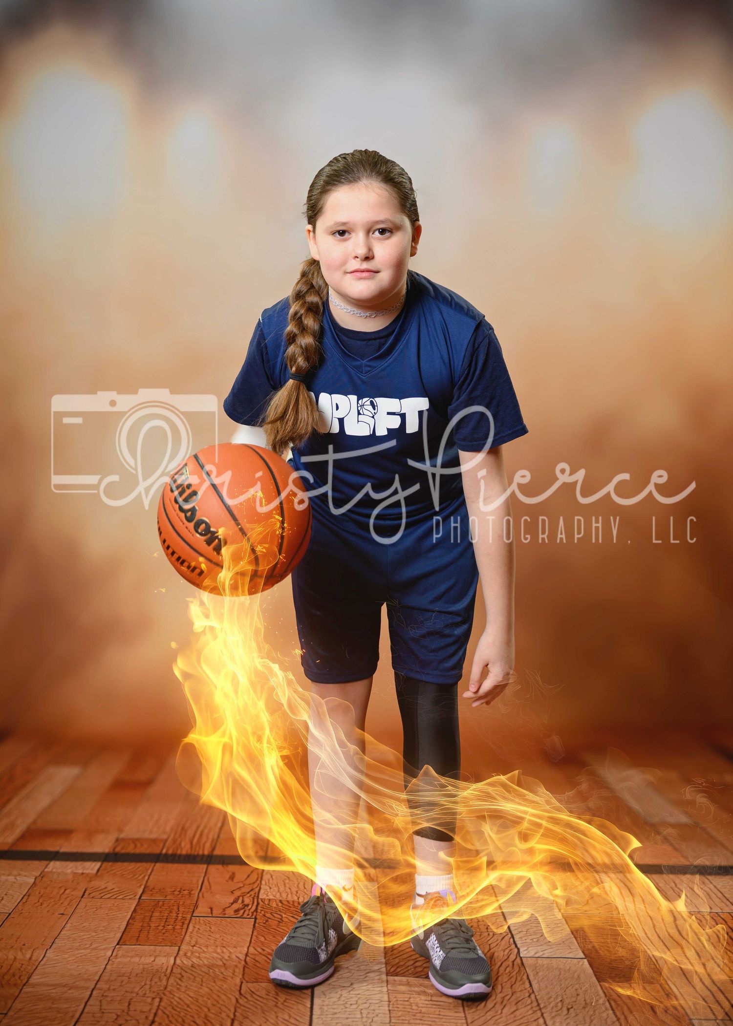 Basketball player dribbling with dramatic flame effects trailing behind the ball in a creative sports photo composite.