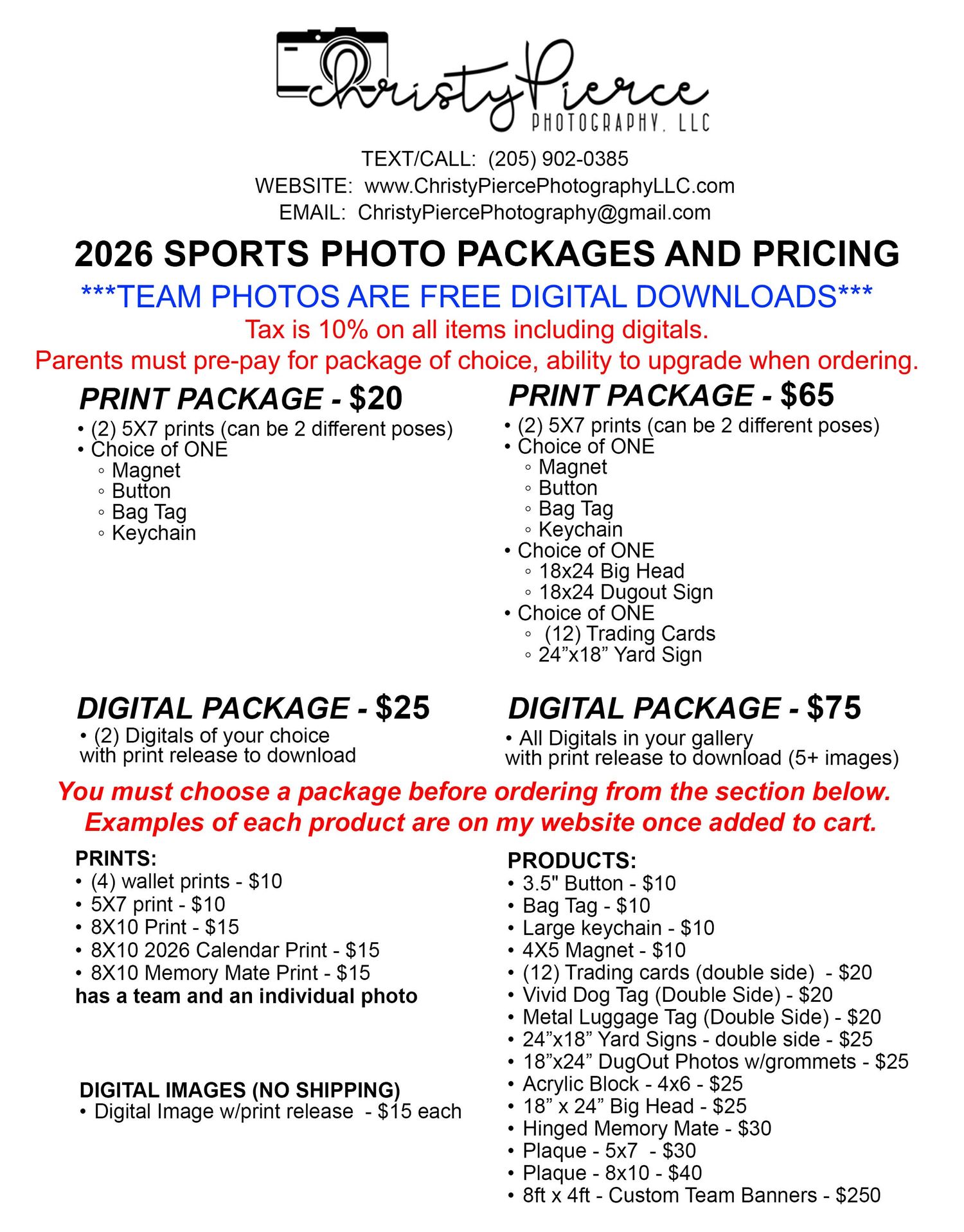 2026 Sports Photo Packages and Pricing flyer for Christy Pierce Photography with print and digital package options.