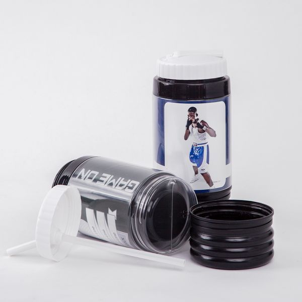 Clear plastic sports water bottles with black lids displayed on white background.