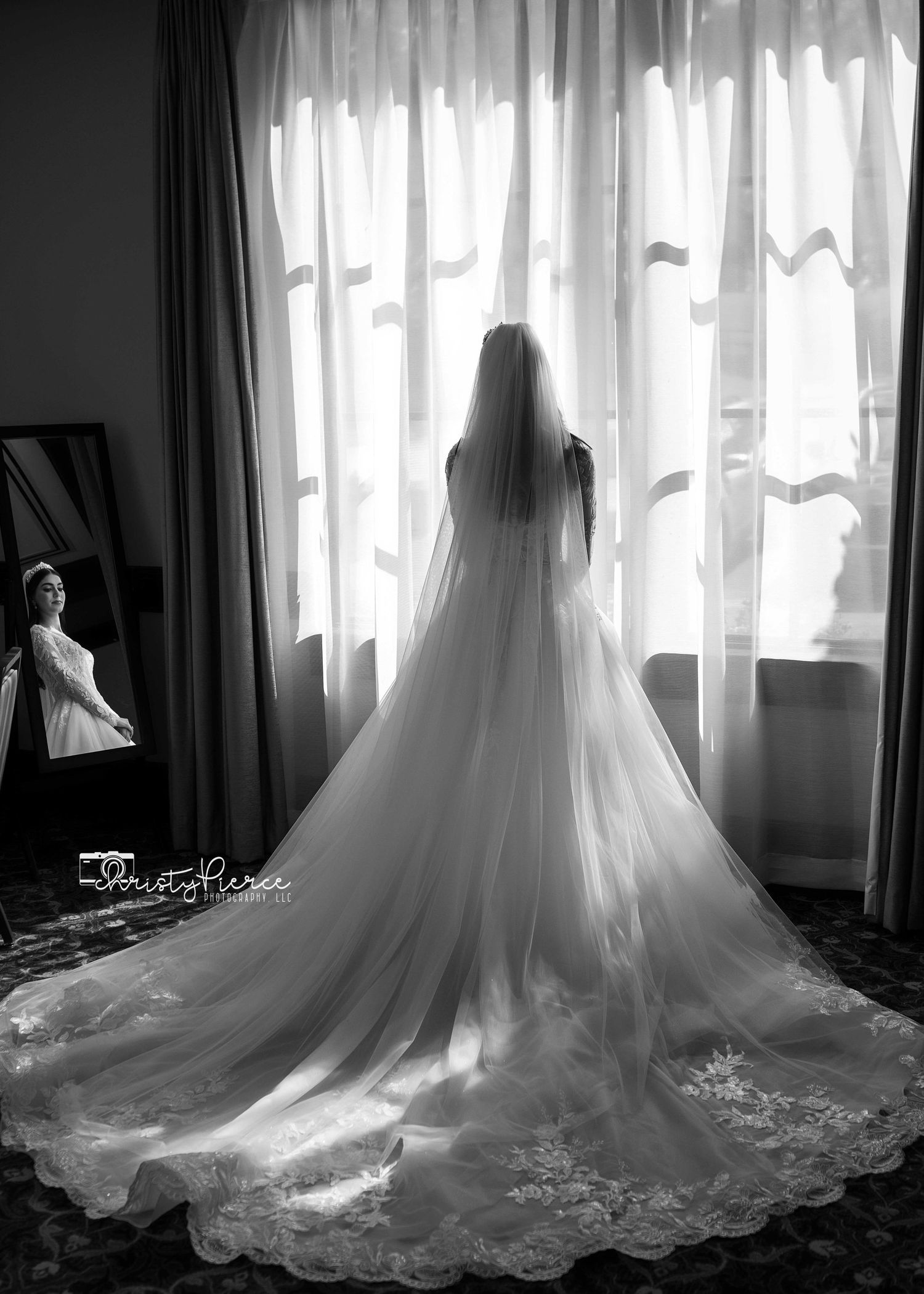 A black and white photo series showing the flowing train of a wedding dress silhouetted against sunlit curtained windows.