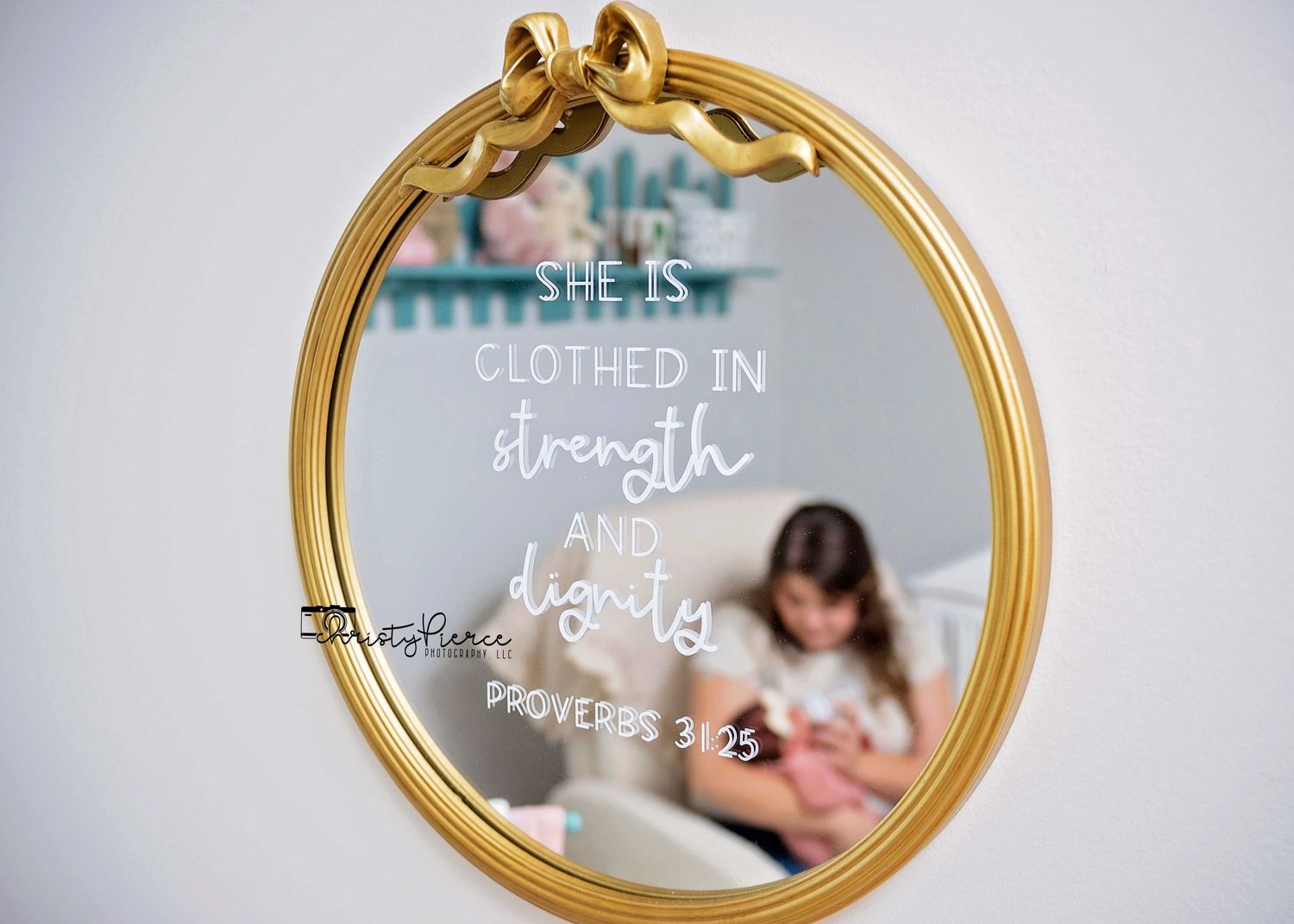 Four circular gold-framed mirrors with white text overlays arranged in a row against a light background.