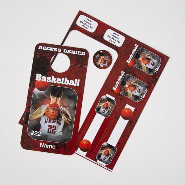 Basketball themed photo collage showing sports design templates with red and black color scheme and player action shots.
