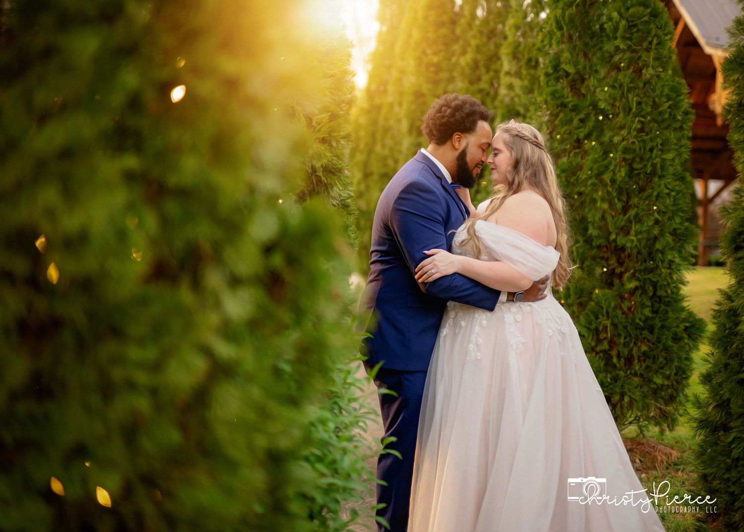 Romantic sunset wedding photos captured in a lush garden setting with golden hour lighting and natural greenery.