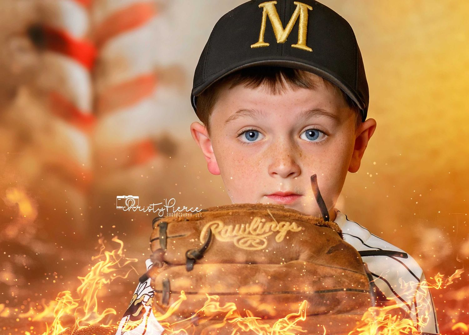 A baseball player in a black cap stands against a fiery orange background with dramatic lighting and smoke effects.