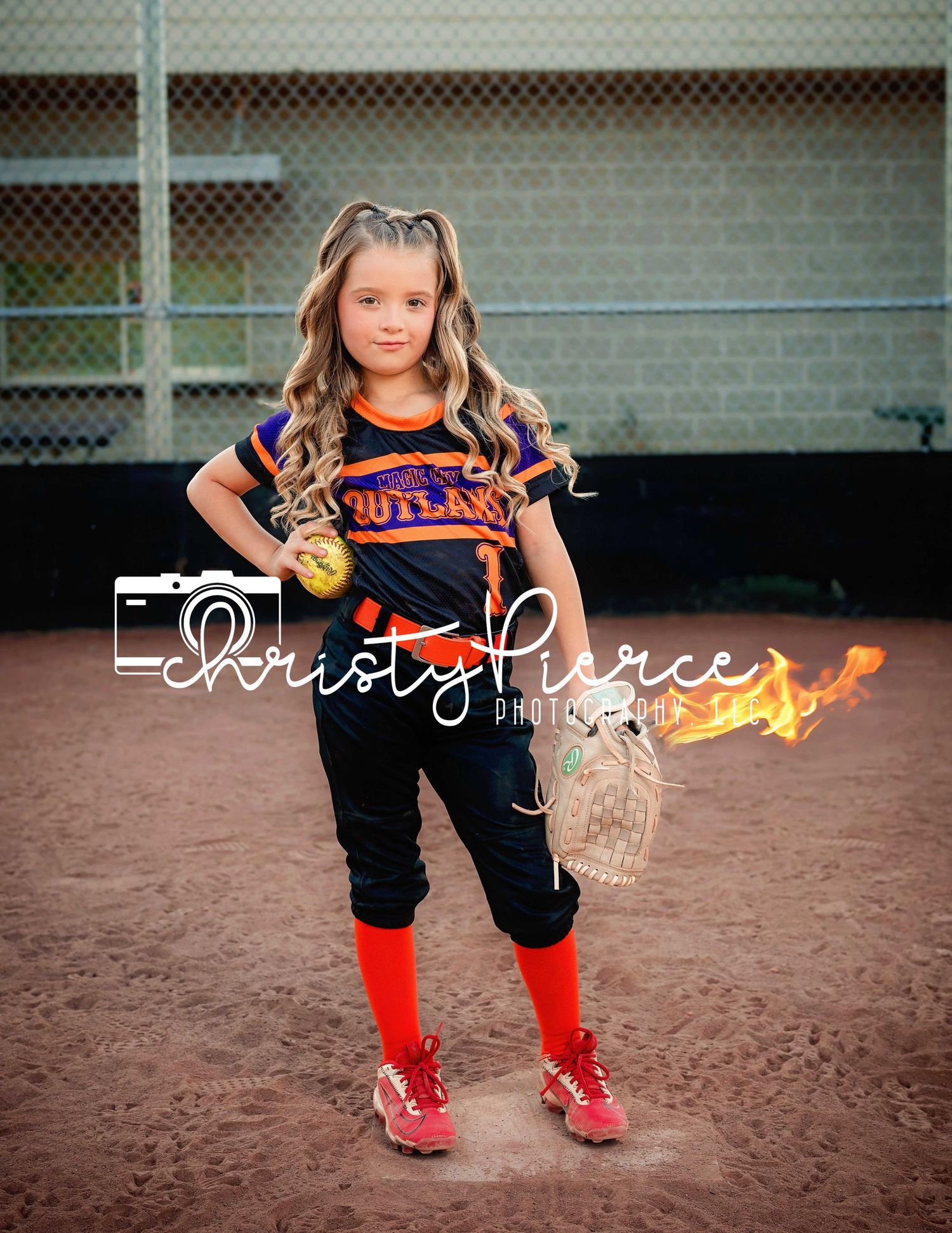 Softball player in black uniform and red socks shown in a sequence of action shots on a dirt field.
