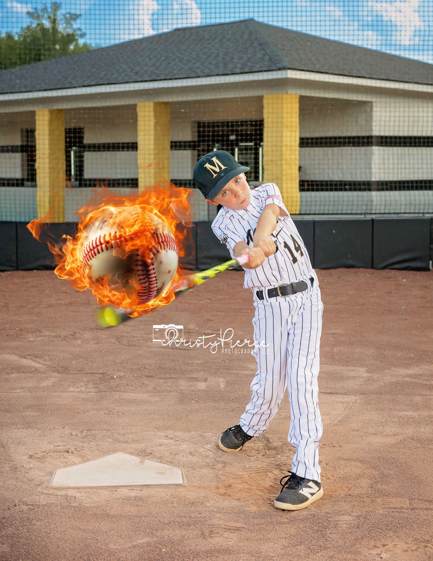 A baseball player in a striped uniform performs a sequence of motions with a flaming baseball creating a fiery trail effect.