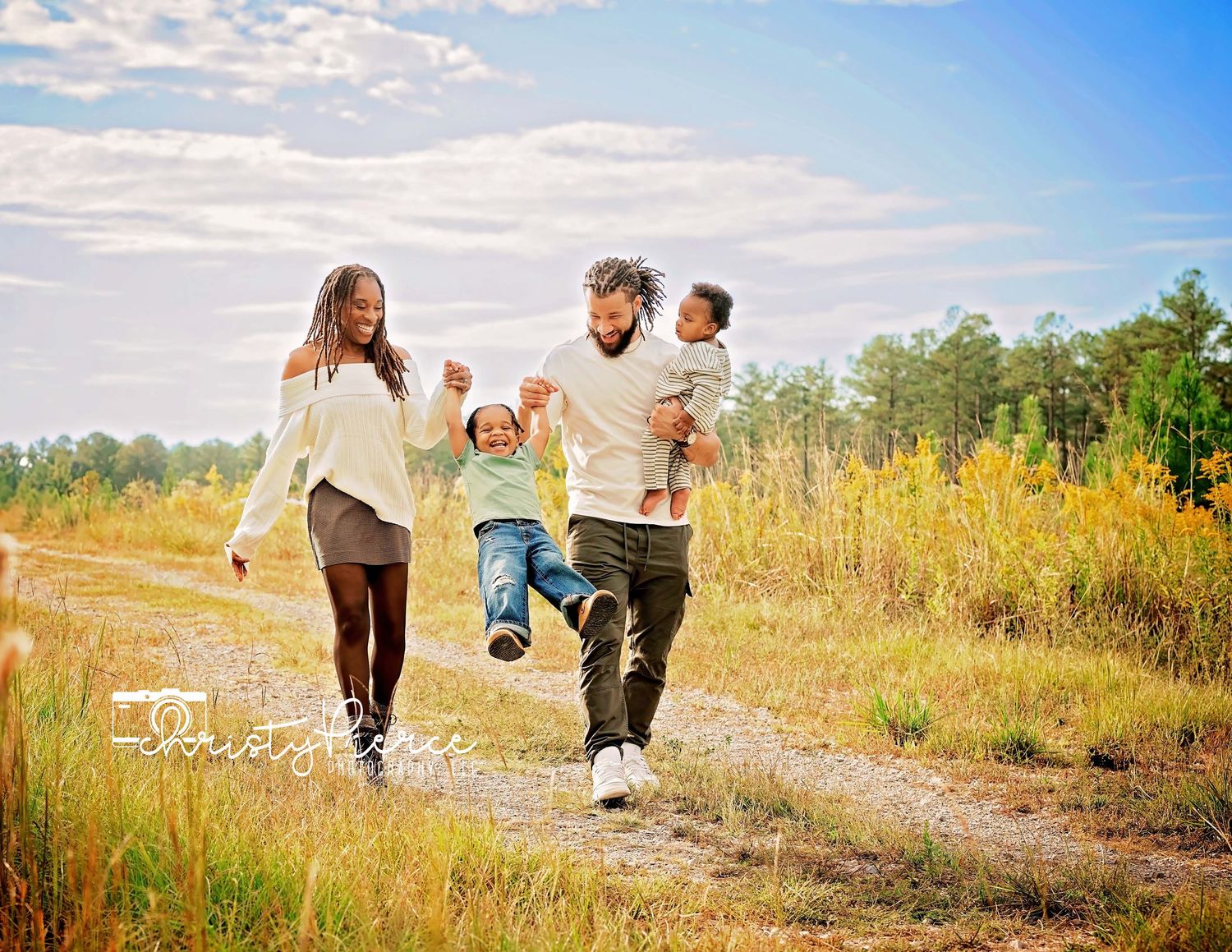A series of candid moments captured in a grassy field during golden hour with people walking and playing together.