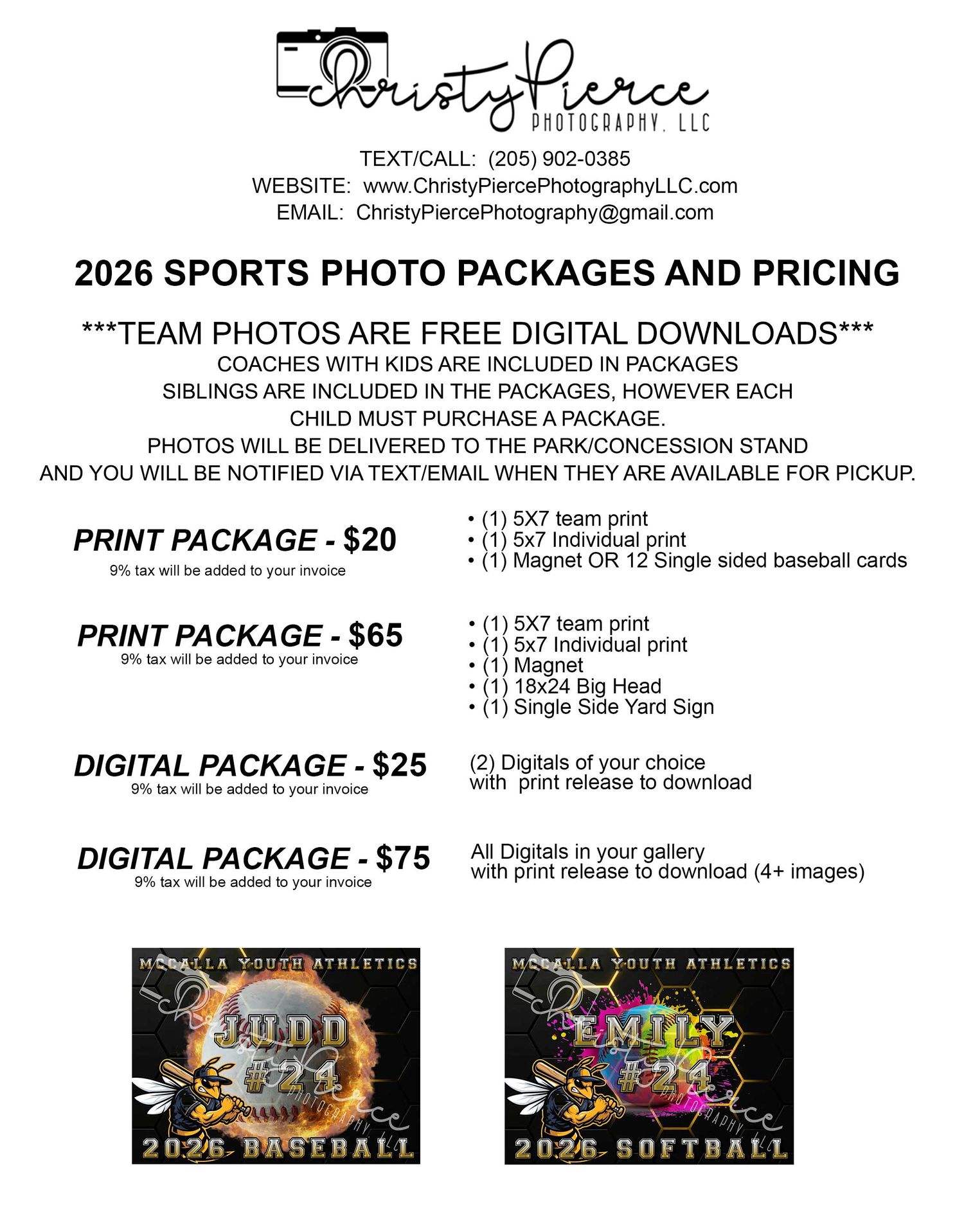 A sports photography price sheet displaying various photo packages and pricing options for team and individual photos.