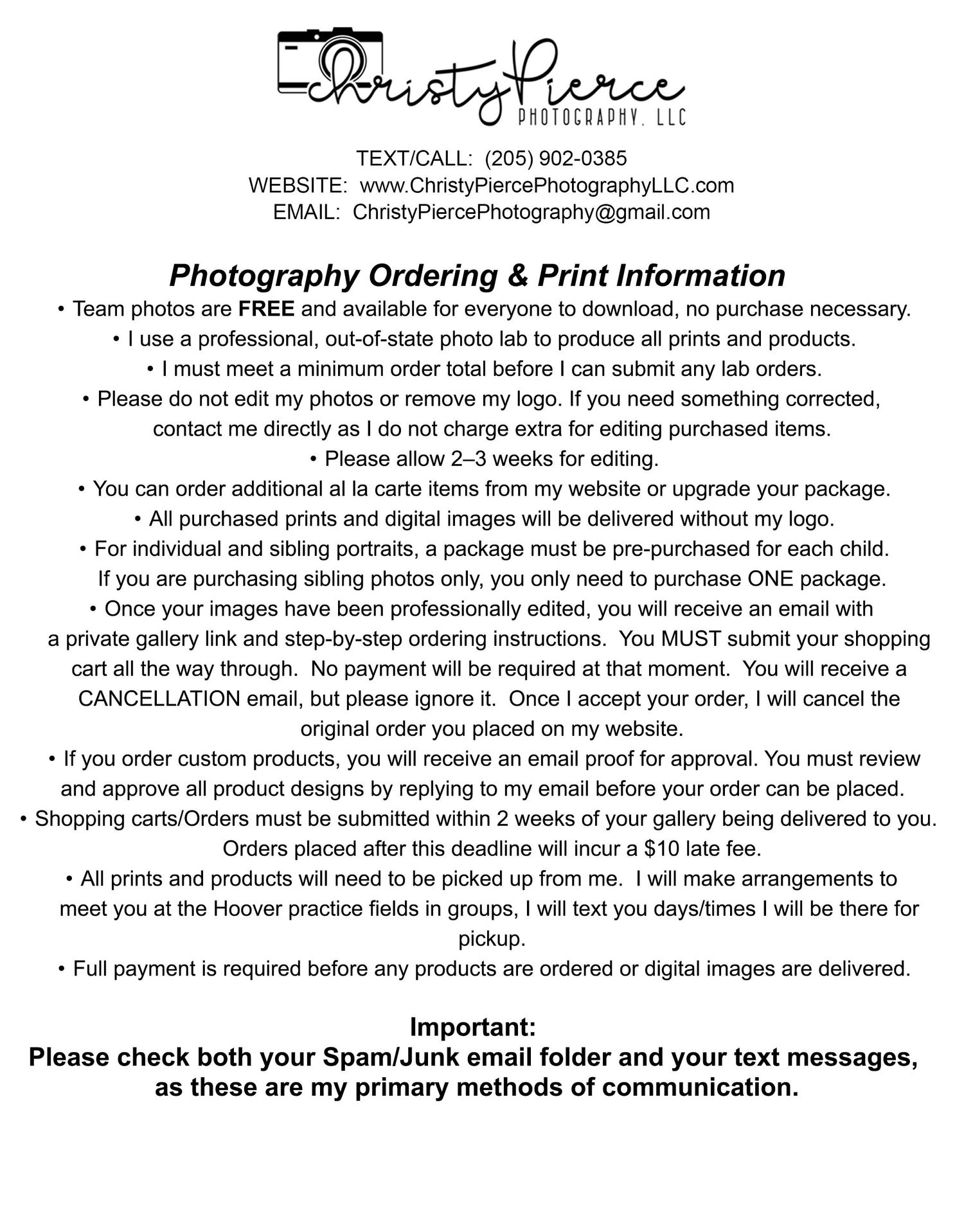 Photography ordering and print information flyer for Christy Pierce Photography LLC with contact details and policies.