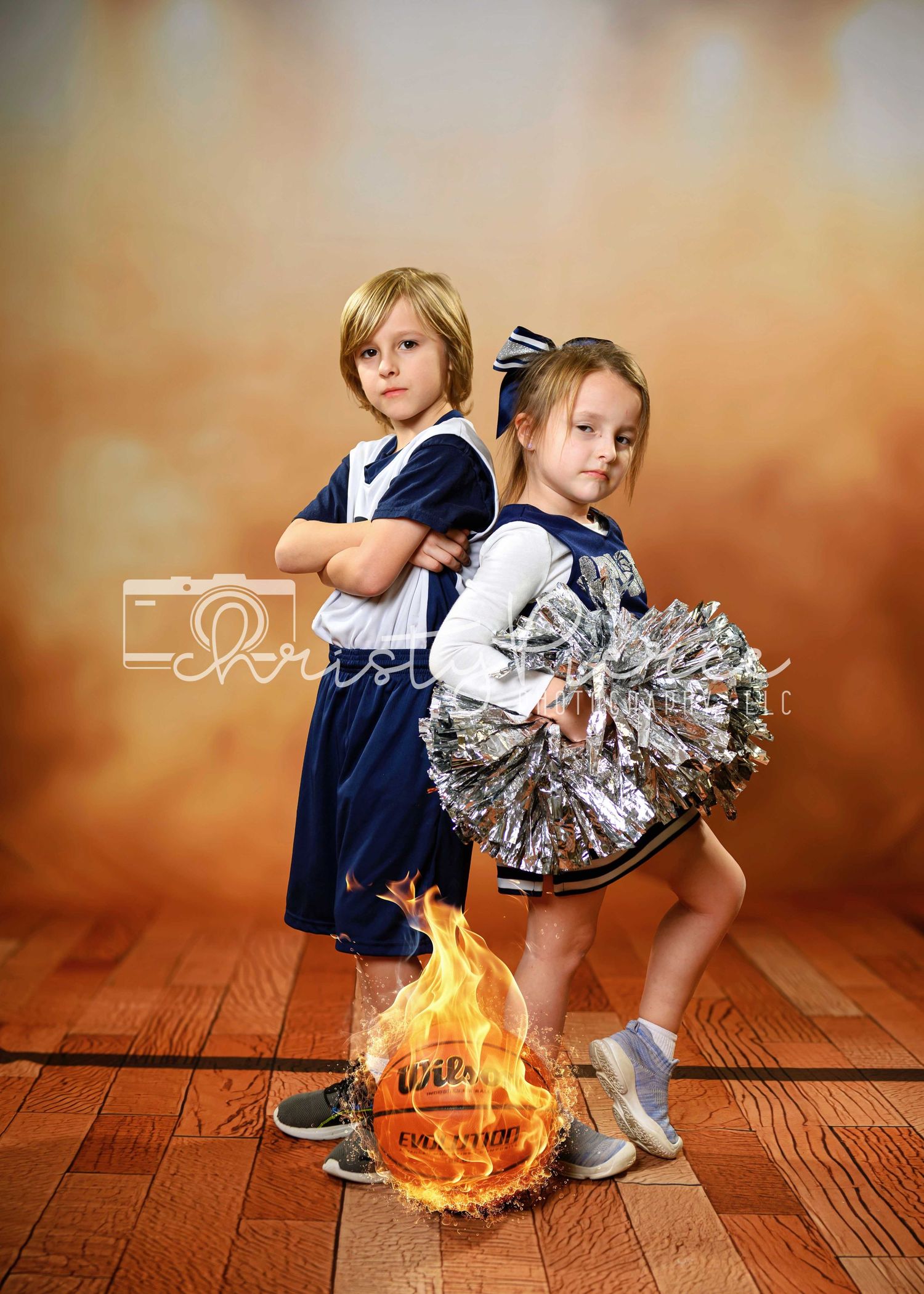 A creative composite image showing a child with pom poms near growing flames on a wooden floor in progressive shots.
