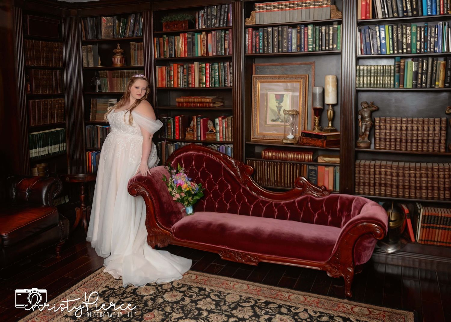 A series of elegant bridal portraits captured in a grand library setting with vintage leather couches and bookshelves.