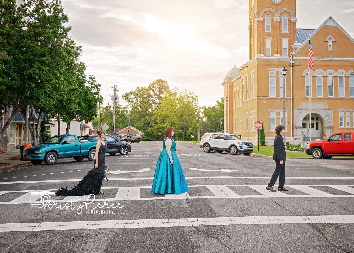 A series of five outdoor wedding photos showing a couple and guests in front of a historic yellow church building.