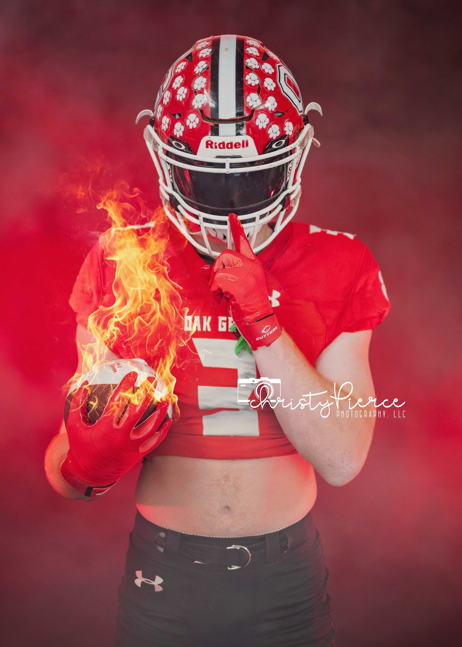A creative sports photo sequence showing a football player with flaming footballs against a dramatic red background.