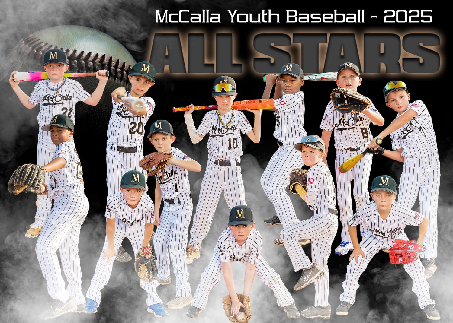 Youth baseball players in pinstriped uniforms pose together for a team photo against a dark background.